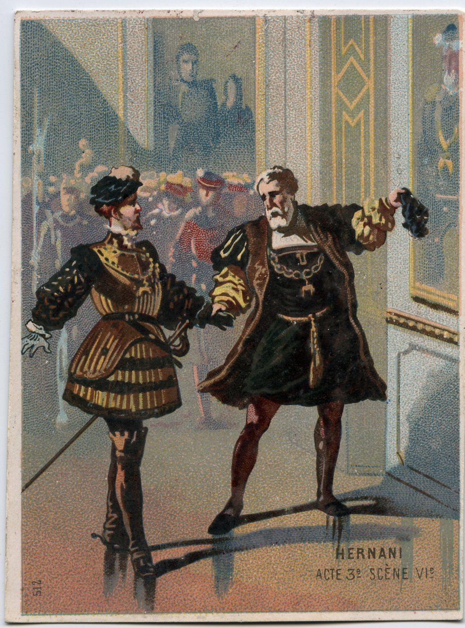 Ilustración de “Ernani” del compositor italiano Giuseppe Verdi (1813-1901), acto 3, escena VI ópera creada en 1844 después de la tragedia “Hernani” de Victor Hugo. Cromolitografía de finales del siglo XIX. de Unknown artist