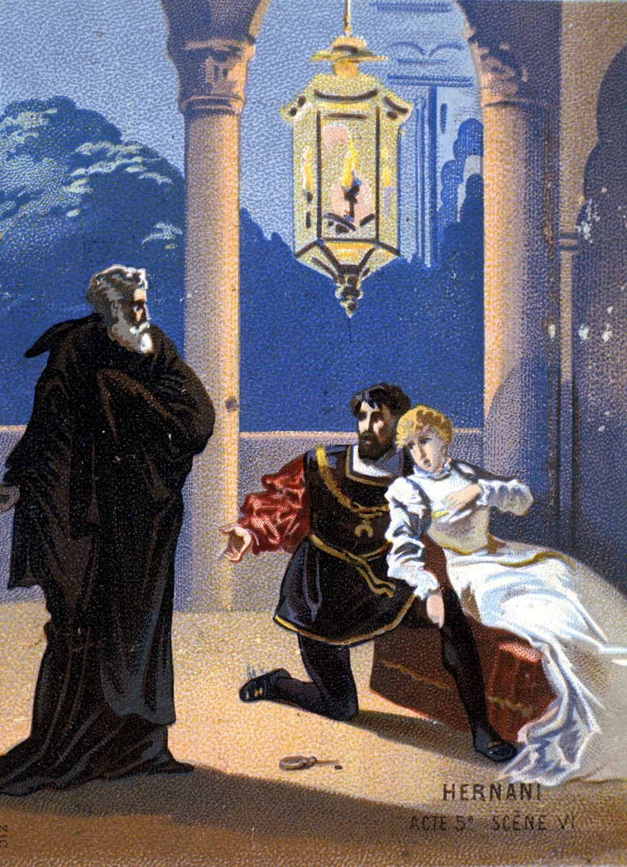 Ilustración de "Ernani" del compositor italiano Giuseppe Verdi (1813 - 1901), acto V, escena 6, ópera creada en 1844 después de la tragedia "Hernani" de Victor Hugo. Cromolitografía de finales del siglo XIX. de Unknown artist