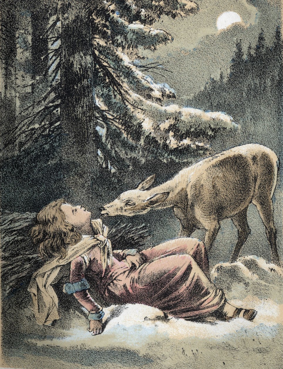 Ilustración de los cuentos de Franz Hoffmann “Cuentos y Fábulas - Von Weifshändchen und breitfüßchen”: una niña desmayada en la nieve y un ciervo. de Unknown artist