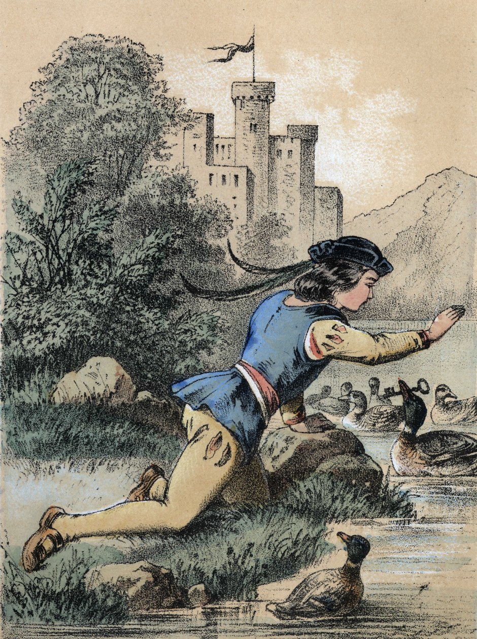 Ilustración de los cuentos de Franz Hoffmann “Cuentos y Fábulas - Los 3 príncipes”: Un príncipe recibiendo una llave de un pato de Unknown artist