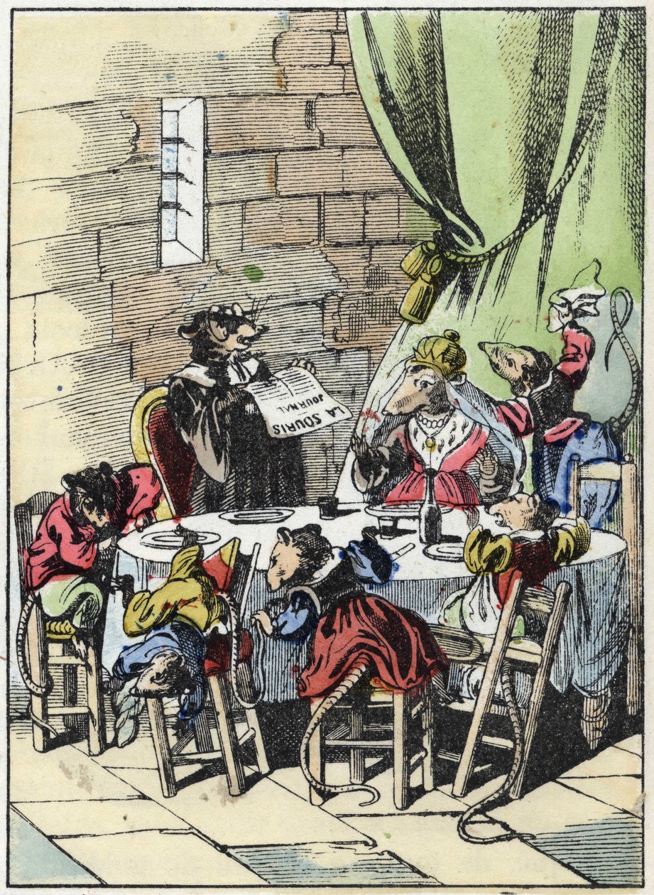 Ilustración del cuento “El terrible Raminagrobis y los ratones” personaje de fábulas de Jean de la Fontaine. En “Cuentos del hogar para los pequeños”. Grabado anónimo del siglo XIX. de Unknown artist