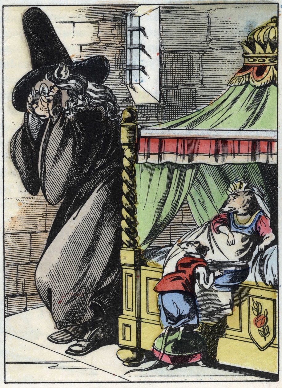 Ilustración del cuento "El terrible Raminagrobis y los ratones". Personaje de las fábulas de Jean de la Fontaine. En "Cuentos del hogar para los pequeños". Grabado anónimo del siglo XIX de Unknown artist