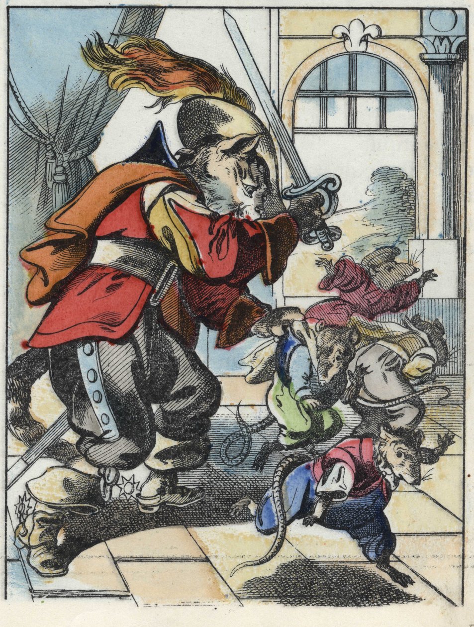 Ilustración del cuento “El terrible Raminagrobis y los ratones” personaje de fábulas de Jean de la Fontaine. En “Cuentos del hogar para los pequeños”. Grabado anónimo del siglo XIX de Unknown artist