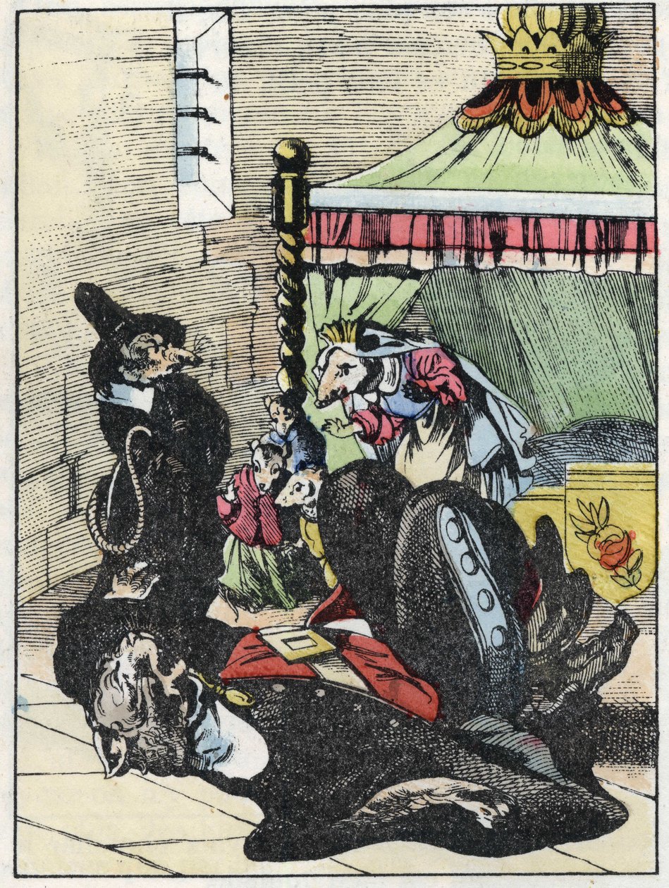 Ilustración del cuento “El terrible Raminagrobis y los ratones” personaje de fábulas de Jean de la Fontaine. En “Cuentos del hogar para los pequeños”. Grabado anónimo del siglo XIX de Unknown artist
