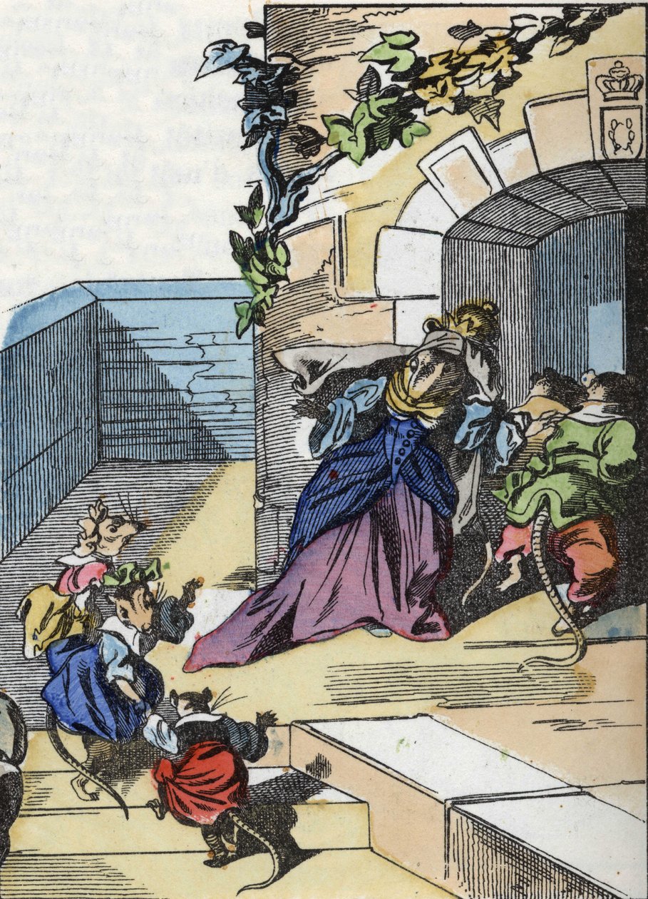 Ilustración del cuento “El terrible Raminagrobis y los ratones” personaje de fábulas de Jean de la Fontaine. En “Cuentos del hogar para los pequeños”. Grabado anónimo del siglo XIX de Unknown artist