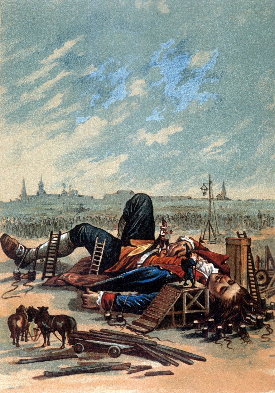 Ilustración mostrando a los liliputienses atando a Gulliver. Cromolitografía, finales del siglo XIX de Unknown artist