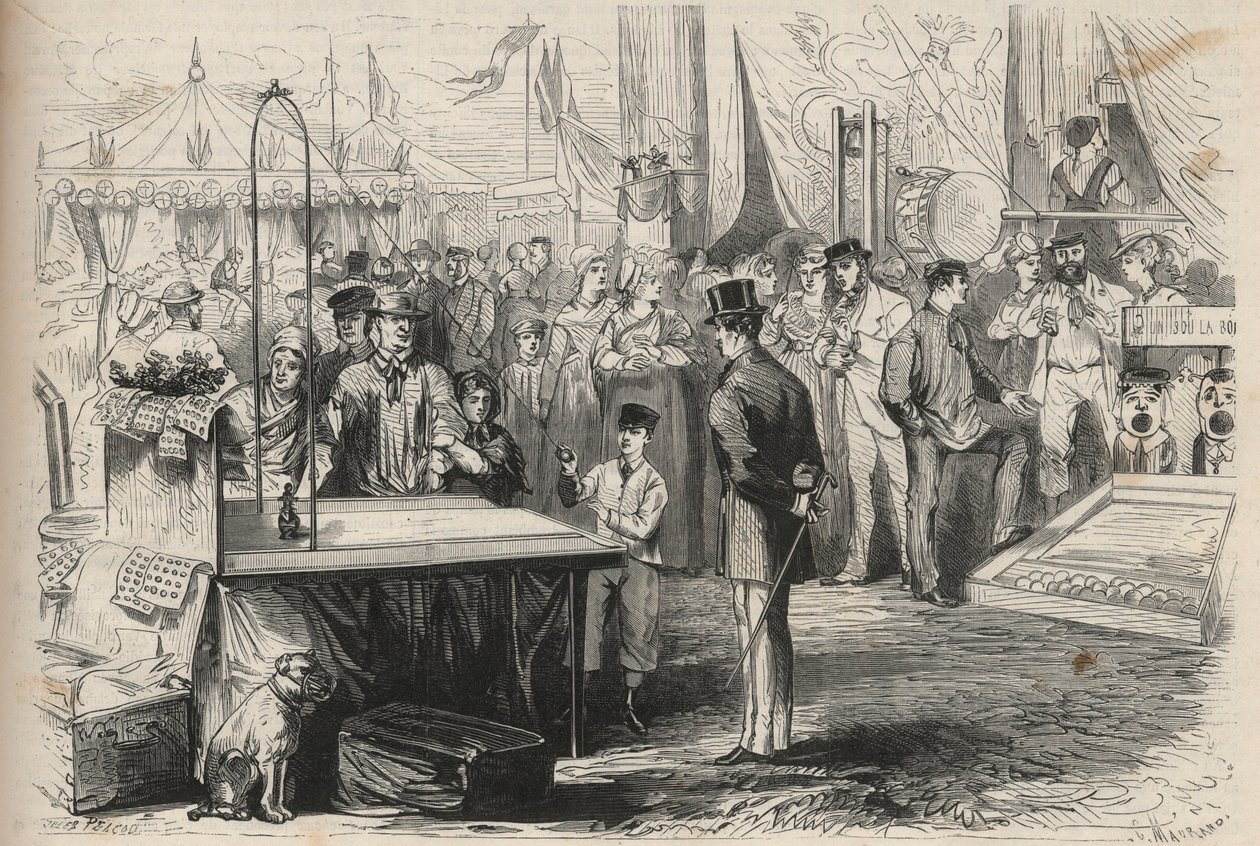Príncipe imperial Eugenio Luis José (1856-1879) en la fiesta de Fontainebleau. Intenta derribar una marioneta con la ayuda de una bola colgante. Grabado en “L