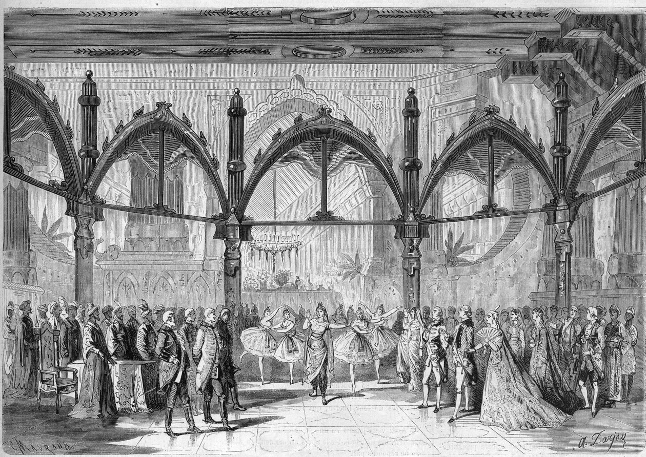 Teatro Imperial de la Ópera Cómica: Escena IV, Acto II de la ópera "El Primer Día de la Felicidad" de Daniel Francois Esprit Auber (1782-1871). Grabado en "El Universo Ilustre" de Unknown artist