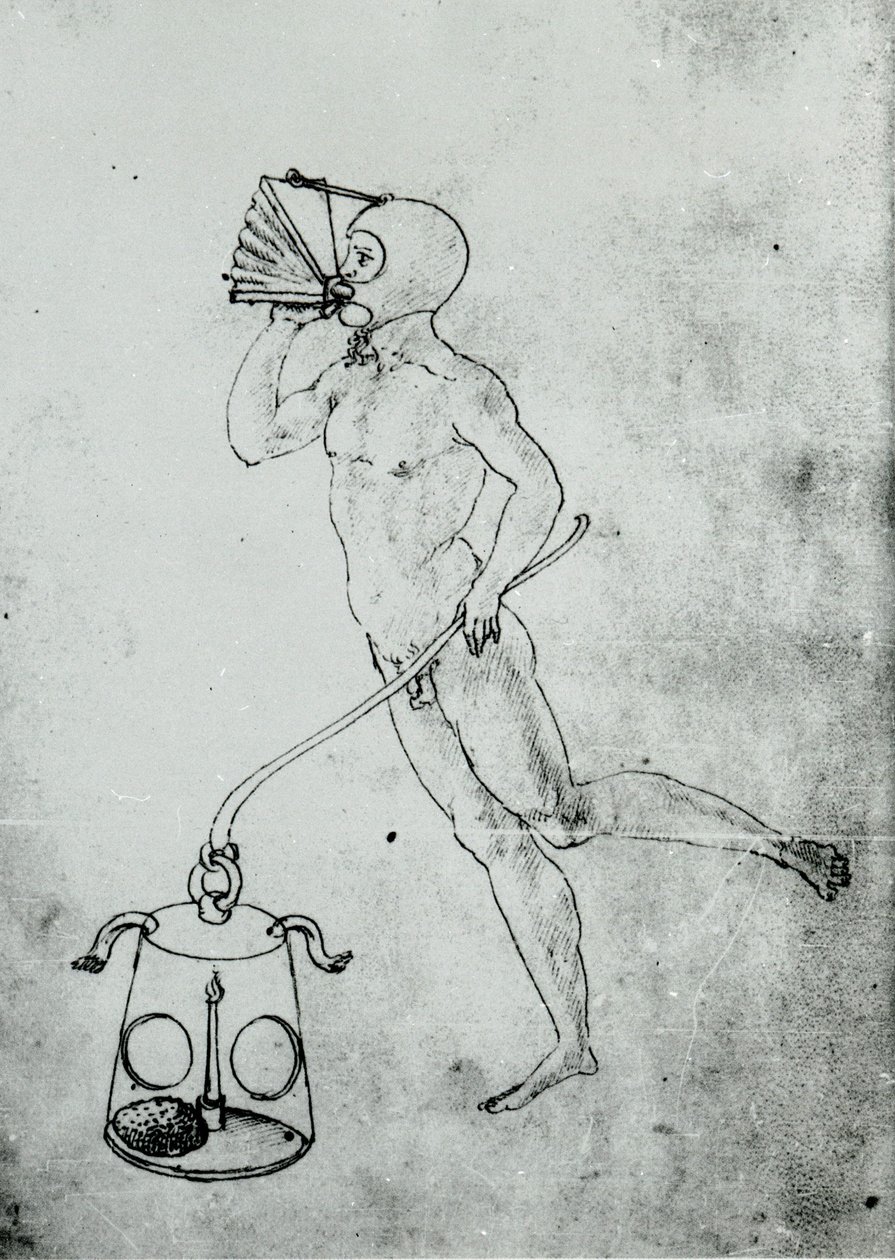 En un volumen de Francesco di Giorgio aparece este dibujo que representa un fuelle para respirar bajo el agua de Unknown artist