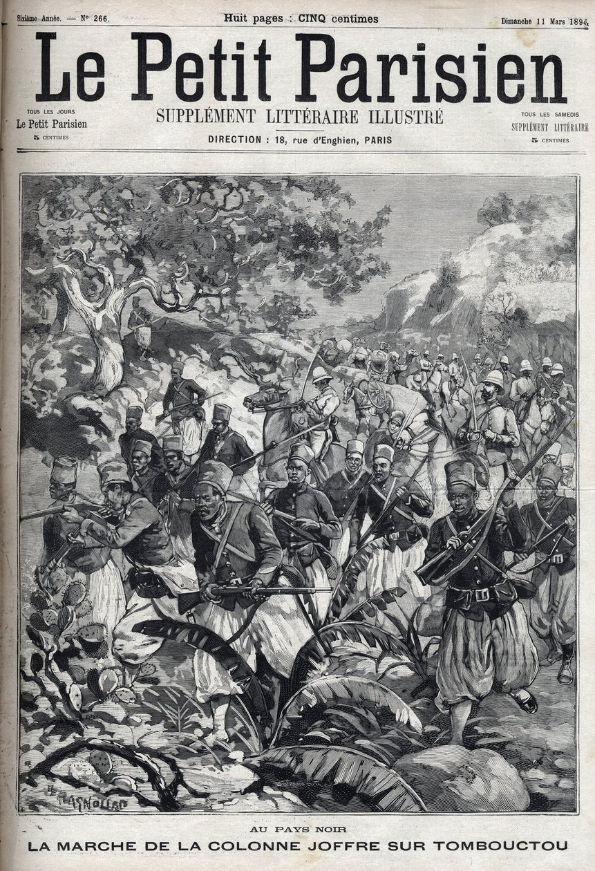 En las colonias francesas: la marcha de la columna del General Joseph Joffre (1852-1931) y su ejército de spahis hacia Tombuctú (Mali). Grabado en “Le Parisien” de Unknown artist