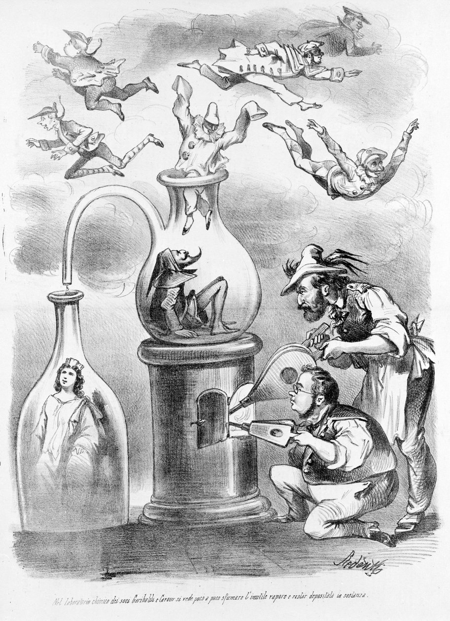 En el laboratorio de alquimia de los asociados Garibaldi y Cavour vemos disiparse gradualmente el vapor innecesario (representado por las máscaras de las regiones italianas), y permaneciendo la sustancia (Italia) caricatura del periódico satírico Il Fischi de Unknown artist