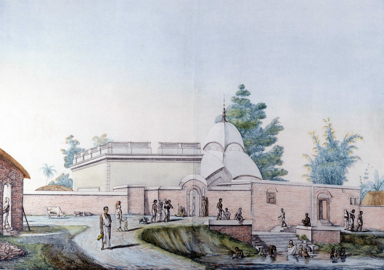 Cultura y civilización india: baño en el río Hooghly en Calcuta, India. Grabado de 1808 de Unknown artist