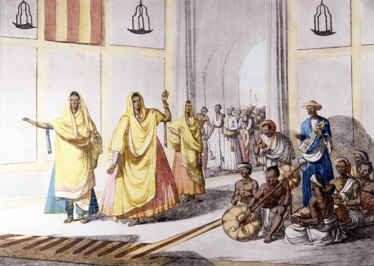 Cultura y civilización india: bailarina y música tradicional, India. de Unknown artist