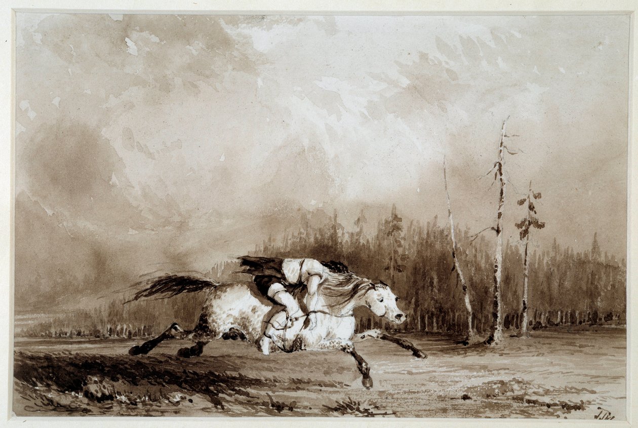 Un caballo galopando llevando a un hombre atado de Unknown artist