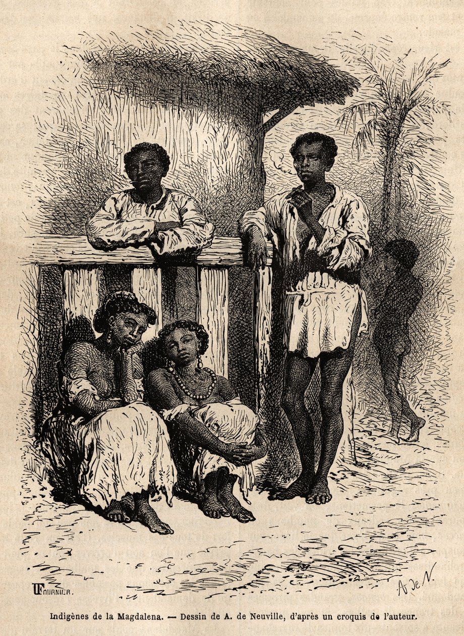 Indígenas del Magdalena (ríos), en las calles de la ciudad de Mompox (Colombia). Grabado para ilustrar el viaje a Nueva Granada, por el Dr. Saffray, en 1869, publicado en 