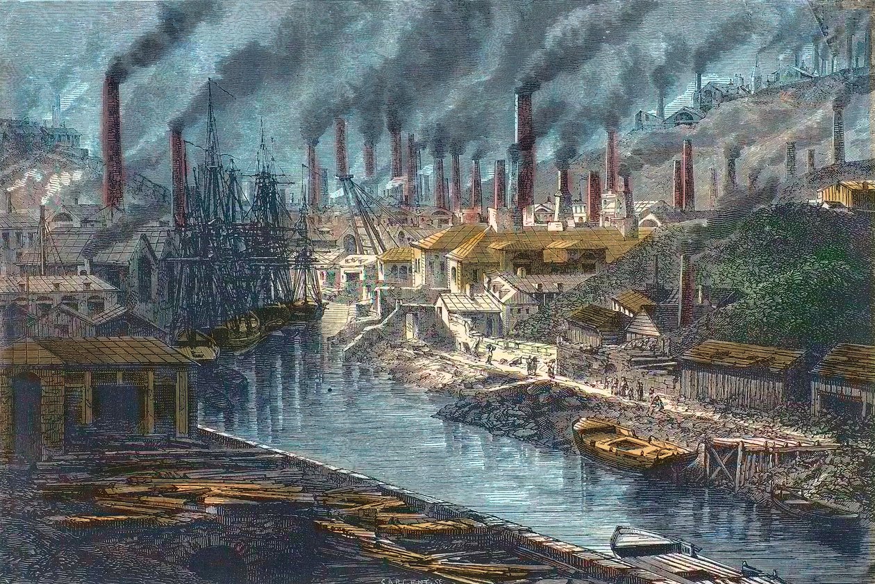 Revolución Industrial: Vista de la planta de cobre del Sr. Vivian en Swansea, Gales - Reino Unido de Unknown artist