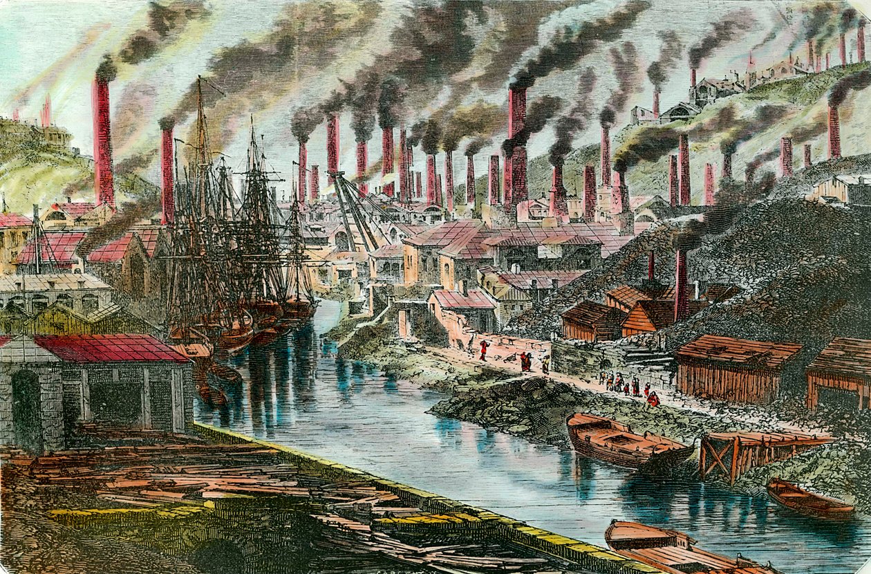 Revolución Industrial: Vista de la fábrica de cobre del Sr. Vivian en Swansea, Gales. Grabado del siglo XIX. Colección privada de Unknown artist