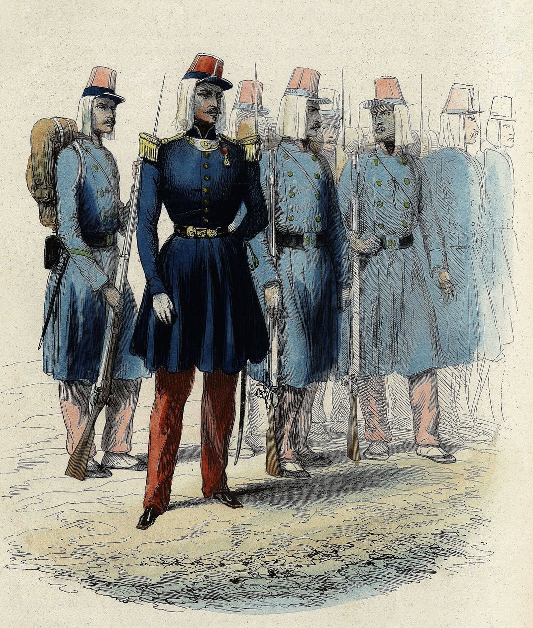 Infantería del ejército francés en 1830 en Argelia, oficial, suboficiales y soldados, en “L