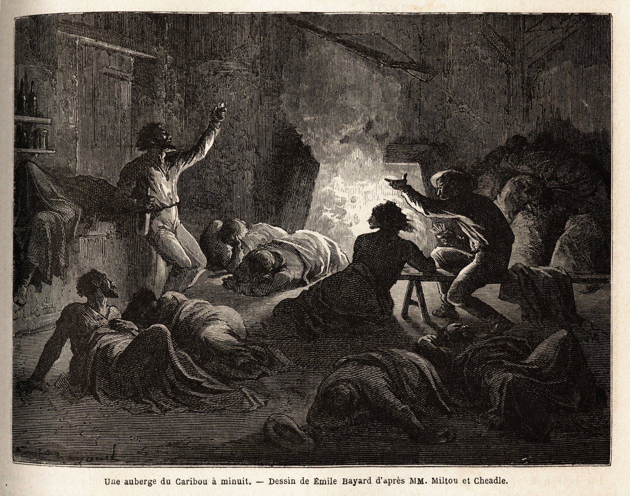 Dentro de una posada de caribú (Canadá), a medianoche, tramperos y mineros ebrios cantan, luego caen al suelo o se duermen en una manta. Grabado para ilustrar el viaje del Atlántico al Pacífico (ruta del noroeste por tierra), en 1862-1864 por de Unknown artist