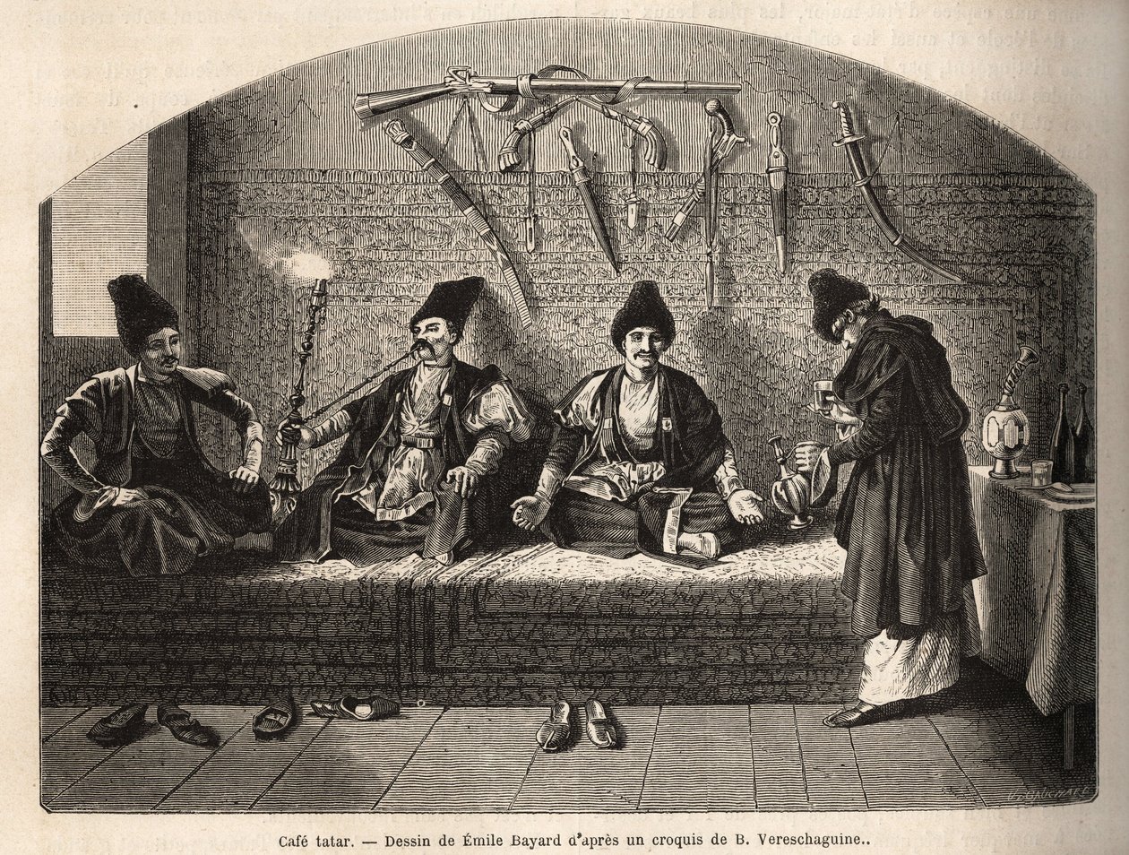 Dentro de un café tártaro en Schoucha (Transcaucasia, Rusia), donde los hombres se reúnen para beber té y fumar shisha. Grabado para ilustrar el viaje en las provincias del Cáucaso, por Basile Vereschaguine, en 1864-1865, publicado en "le tour du monde", b de Unknown artist