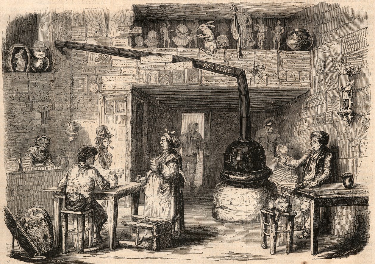 Interior del cabaret Le Lapin Blanc, rue aux fèves en París antes de su demolición. Una taberna que data de la primera época de la monarquía. Grabado en "Le Monde Ilustre" de 1862. Colección privada. de Unknown artist