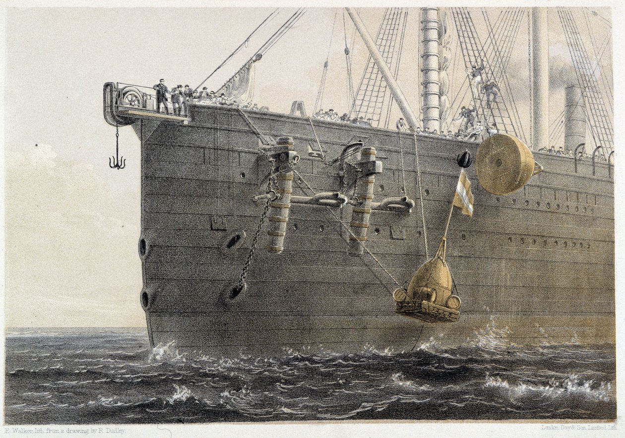 Instalación de cable submarino en 1858 (boya de referencia) - en "El telégrafo atlántico" de W. H. Russel, c.1860 de Unknown artist