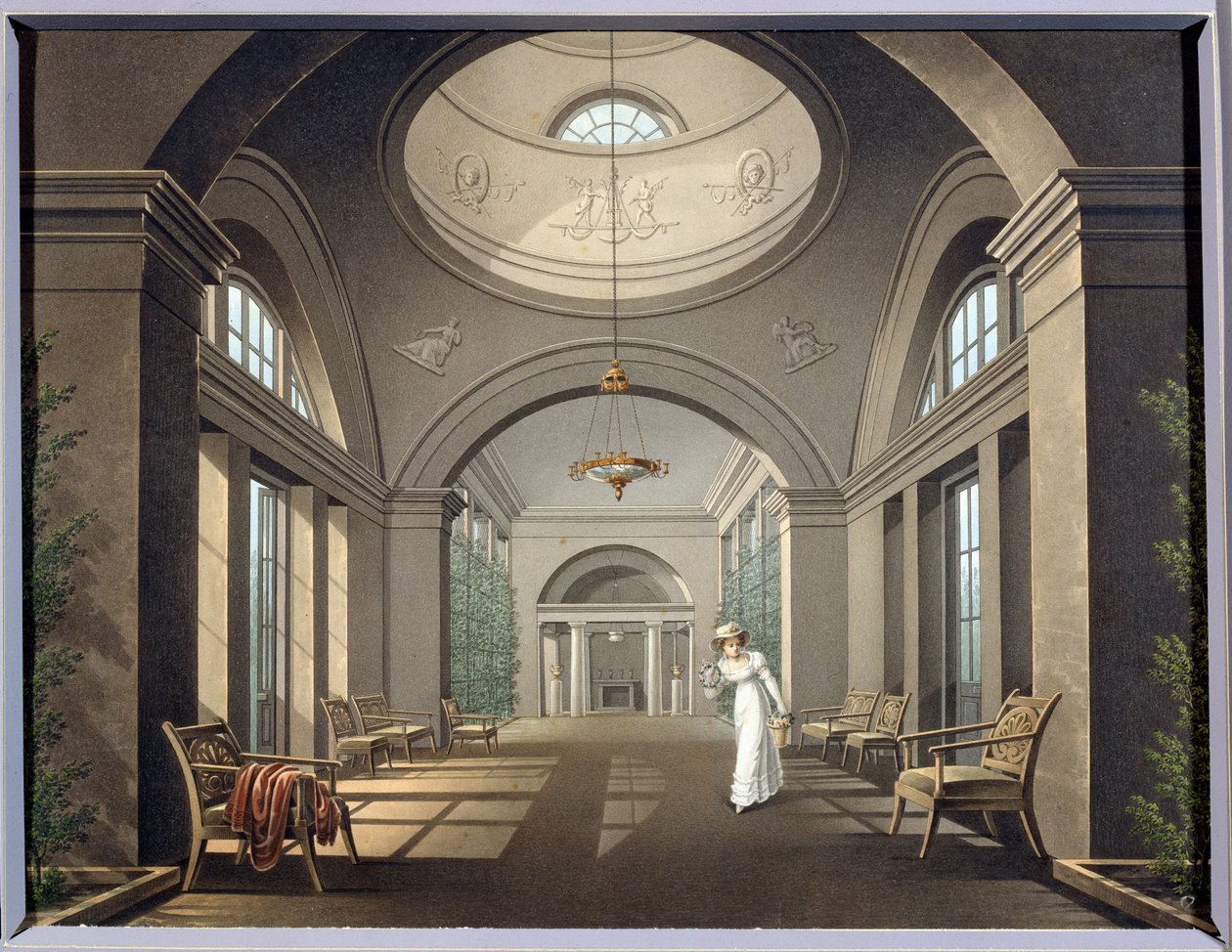 Interior de la pajarera en el palacio de Pavlovsk. Pintura anónima. Acuarela y tinta, mediados del siglo XIX. Clasicismo. Museo Estatal al Aire Libre Palacio de Pavlovsk, San Petersburgo. de Unknown artist