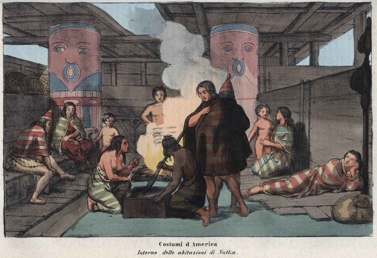 Interior de una gran casa comunal en Nootka Sound, con aldeanos fumando y secando pescado, durmiendo y cuidando a los niños - (Isla Nootka) - “Interior de una habitación en Nootka Sound, Canadá” grabado de “Usi e Costumi di Tutti i Popoli dell