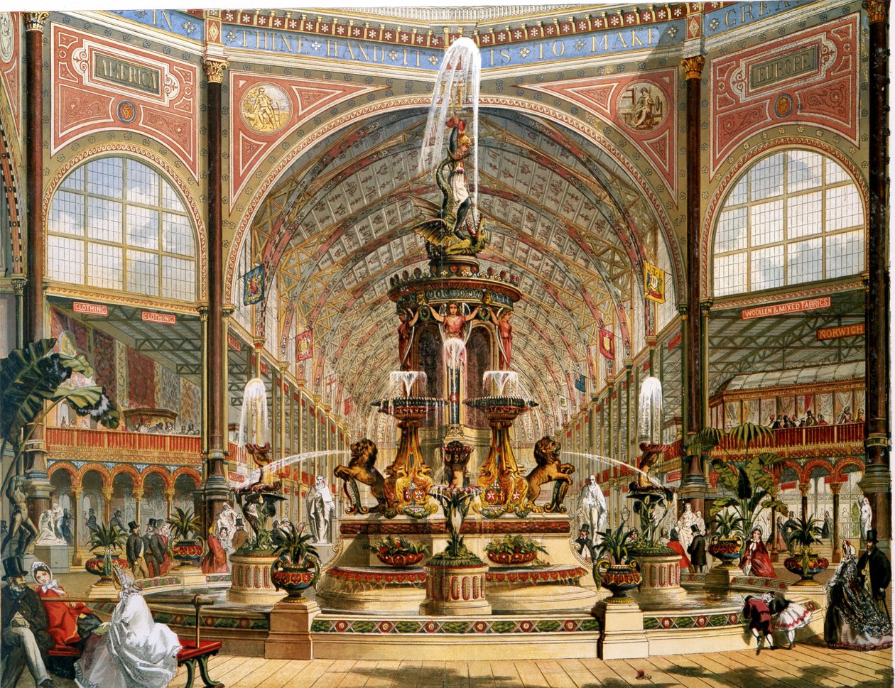 Interior del Palacio de Cristal durante la Exposición Internacional de 1862. Fuente de mayólica de Minton. Cromolitografía. de Unknown artist