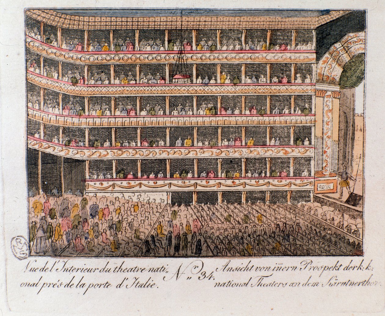 Vista interior del Teatro Nacional cerca de la Puerta Italiana en Viena, Austria. Grabado de 1815. Colección privada de Unknown artist