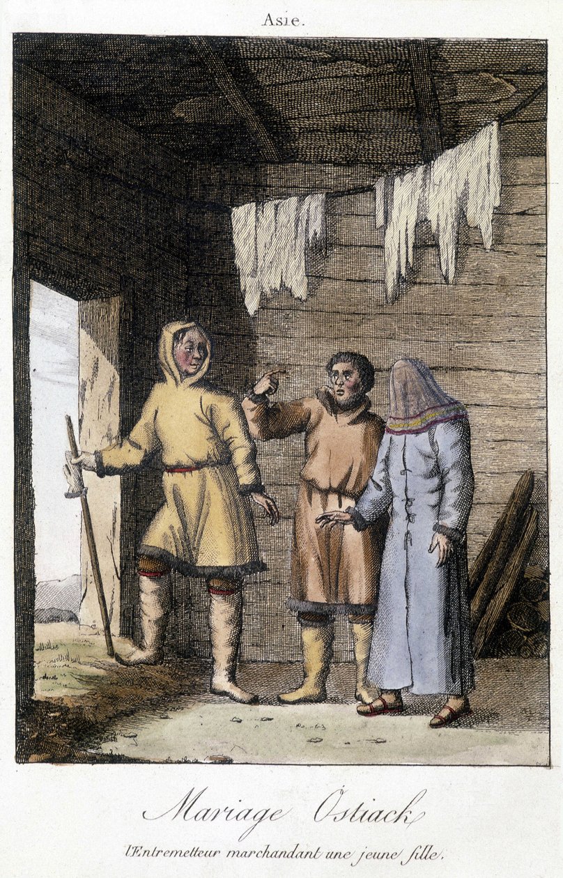 Intermediario regateando una joven para una boda Ostiak (Khanty o Khante) (tribu de cazadores paleosiberianos establecida en el área forestal del valle medio del Ob) de Unknown artist