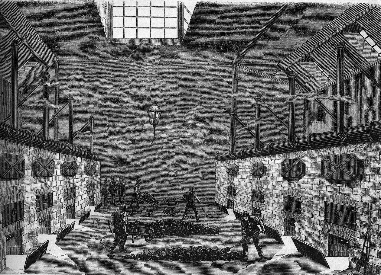 Vista interna de una fábrica de gas. Grabado de 1860-1861 de Unknown artist