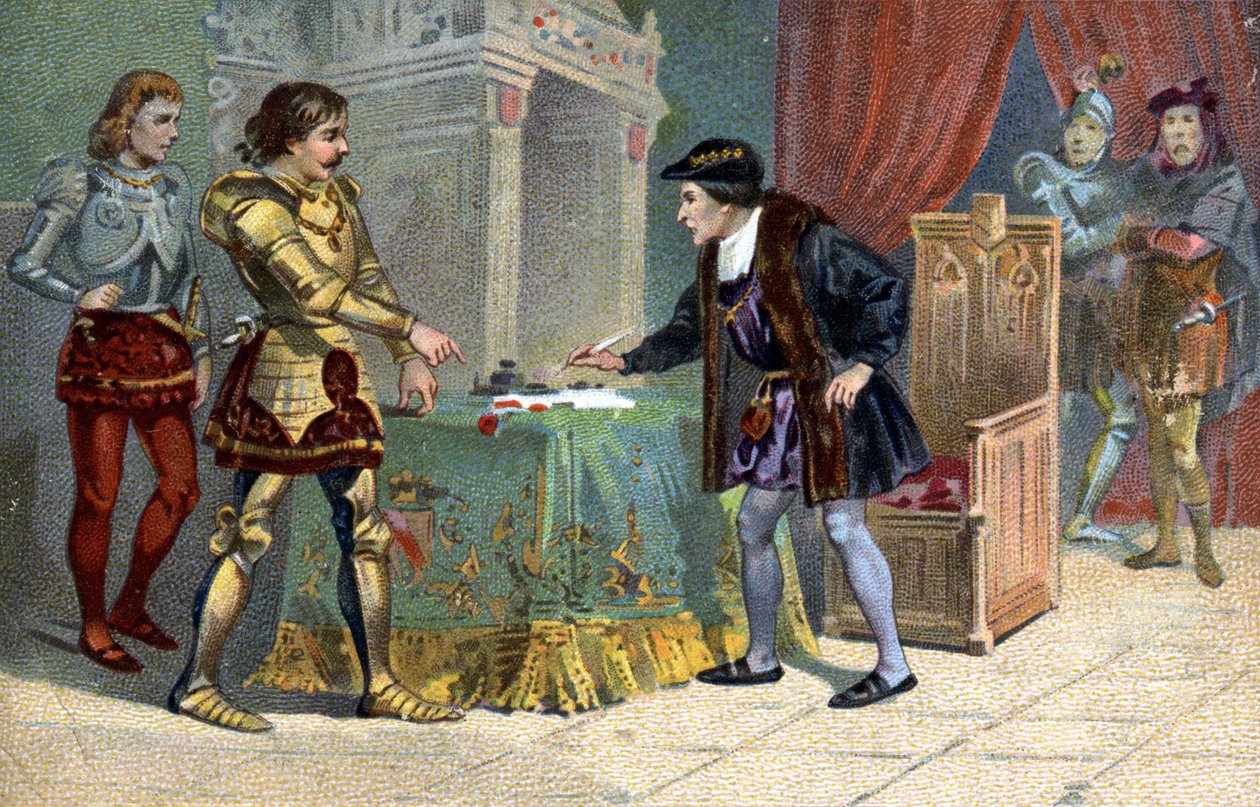 Entrevista de Luis XI (1423-1483), Rey de Francia y Carlos el Temerario, Duque de Borgoña, en Péronne en octubre de 1468. Cromolitografía de Liebig del siglo XIX de Unknown artist