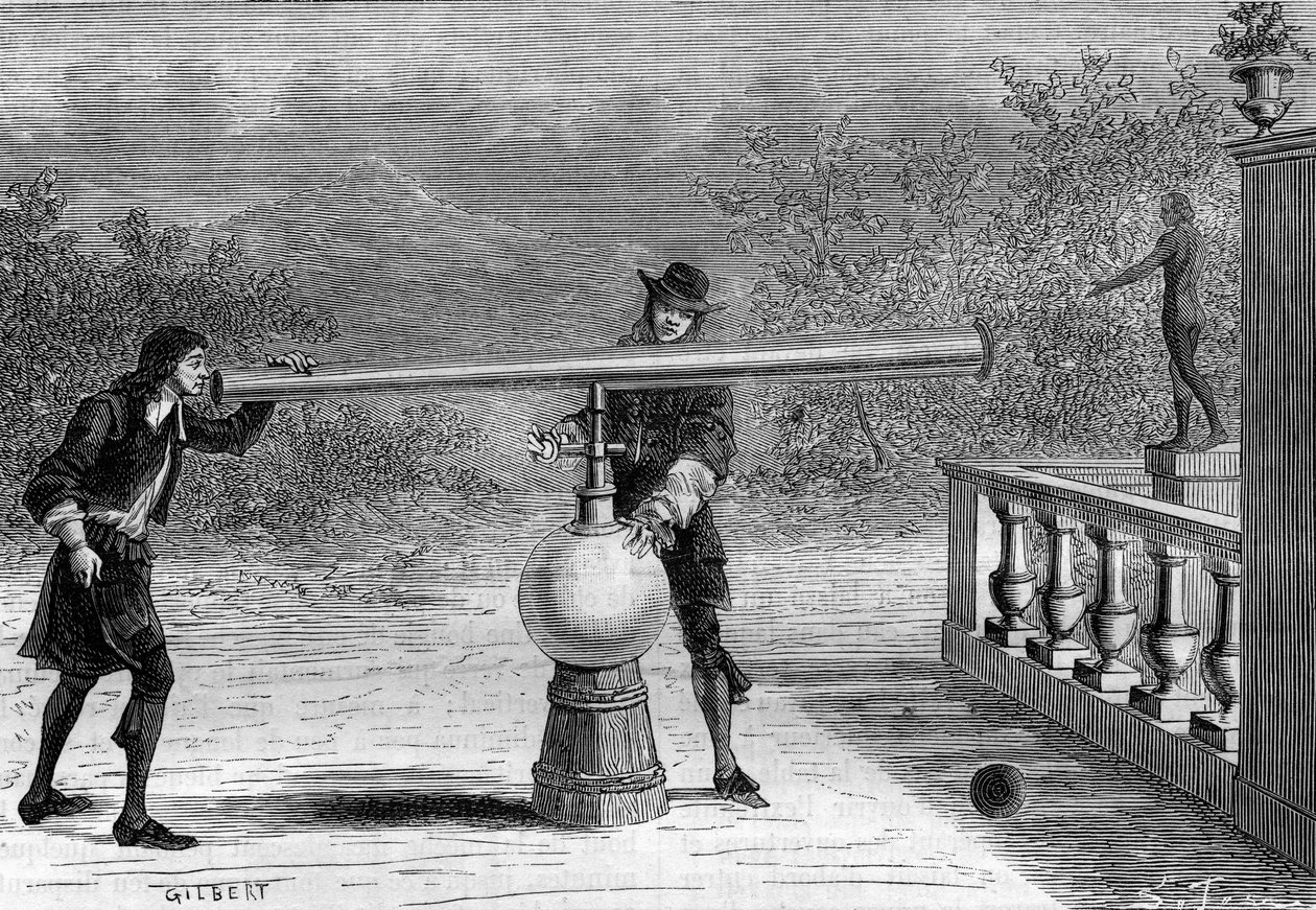 Invención: Sarbacana o pistola neumática por Otto von Guericke (1602-1686), inventor alemán. Grabado en "La Nature" de Unknown artist