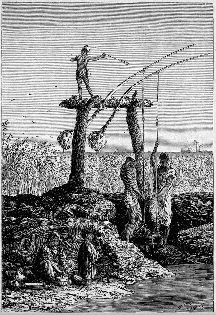Irrigación en Egipto: chadoufs (o shadoufs) en las orillas del Nilo. Grabado en “Le Monde Illustré” n°1313 del 27 de mayo de 1882. de Unknown artist
