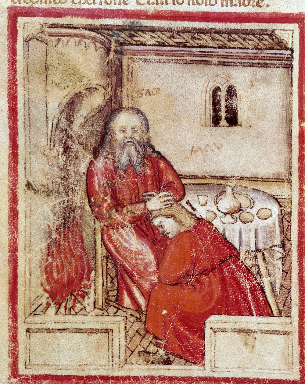 Isaac después de comer el cabrito traído por su hijo Jacob creyendo que es Esaú. Miniatura del códice 212 (o códice padovano o Biblia de Padua) 1390-1400 Rovigo, Accademia dei Concordi de Unknown artist