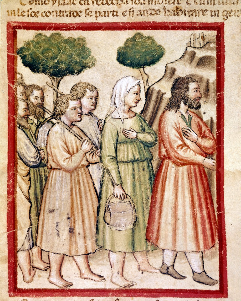 Isaac y su familia sufriendo de hambre emigran a las tierras del rey Abimelec Miniatura del códice 212 (o padovano o Biblia de Padua) 1390-1400 de Unknown artist