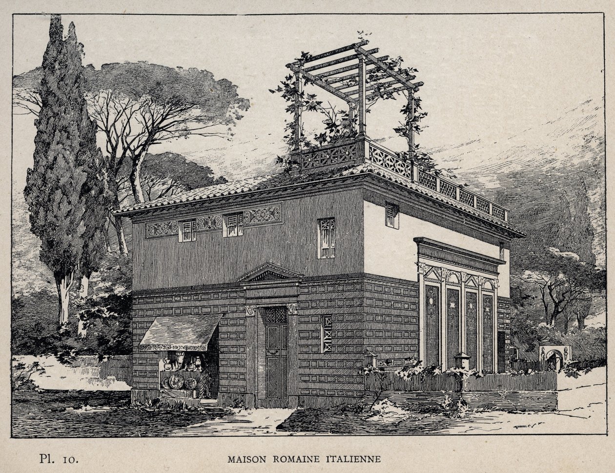 Casa romana italiana - grabado de 1889 en 