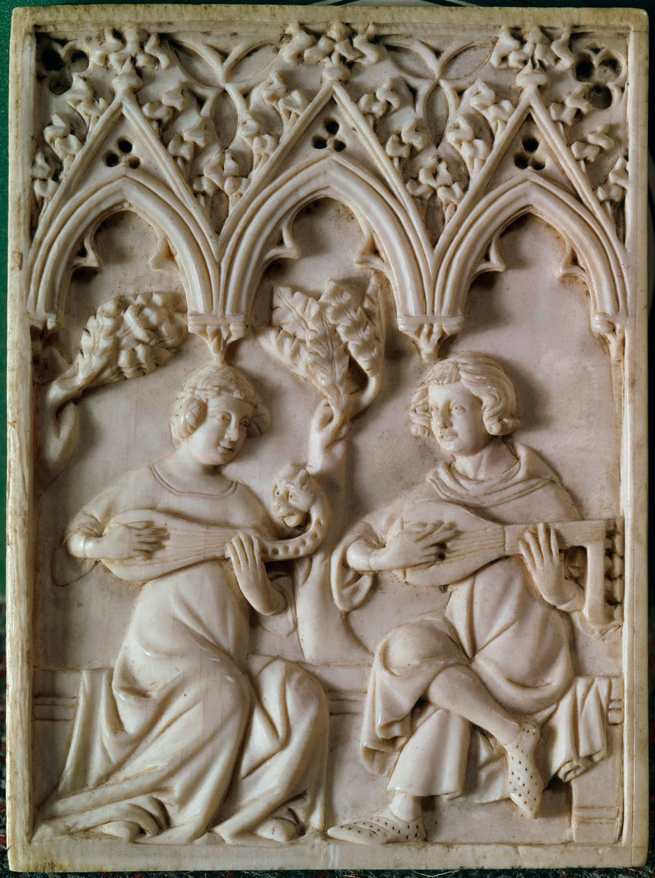 Tabla de marfil representando a dos músicos. Siglo XIV. de Unknown artist