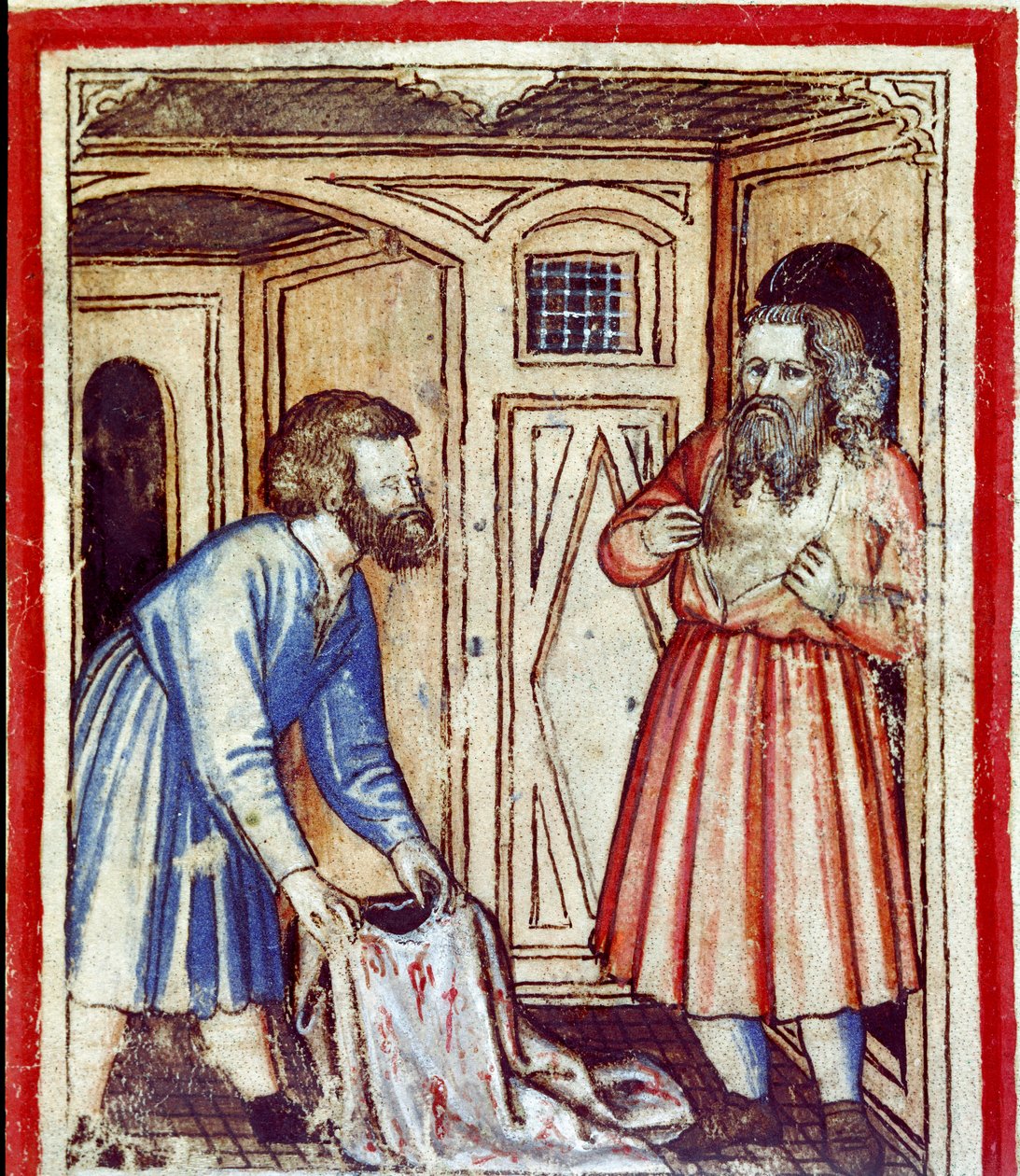 Jacob se entera de la muerte de su hijo José, vendido por sus hermanos a los egipcios. Miniatura del códice 212 (o padovano o Biblia de Padua) 1390-1400 Rovigo, Accademia dei Concordi de Unknown artist
