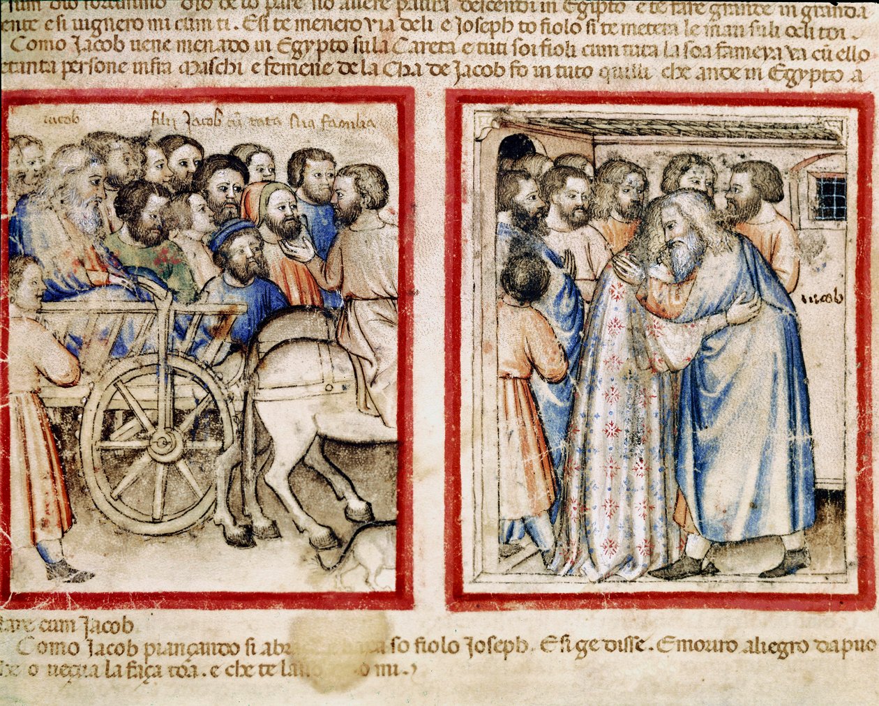 La partida de Jacob a Egipto y su reencuentro con su hijo José. Miniatura del códice 212 (o códice padovano o Biblia de Padua) 1390-1400. Rovigo, Accademia dei Concordi de Unknown artist