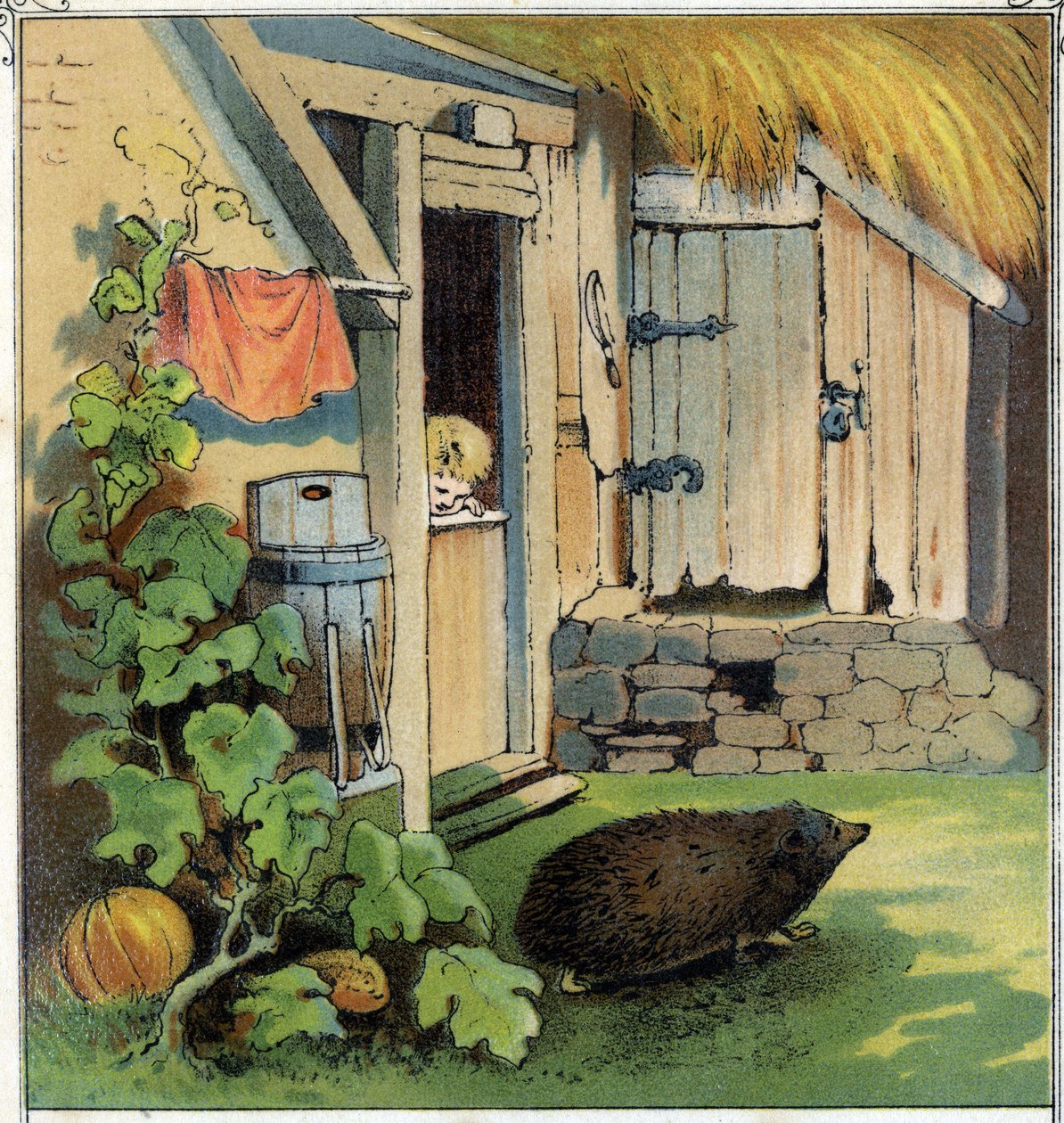 Jacques observa un erizo cruzando el patio de su casa. Cromolitografía de “Escenas infantiles”, ed. Guerin - Muller circa 1885. de Unknown artist