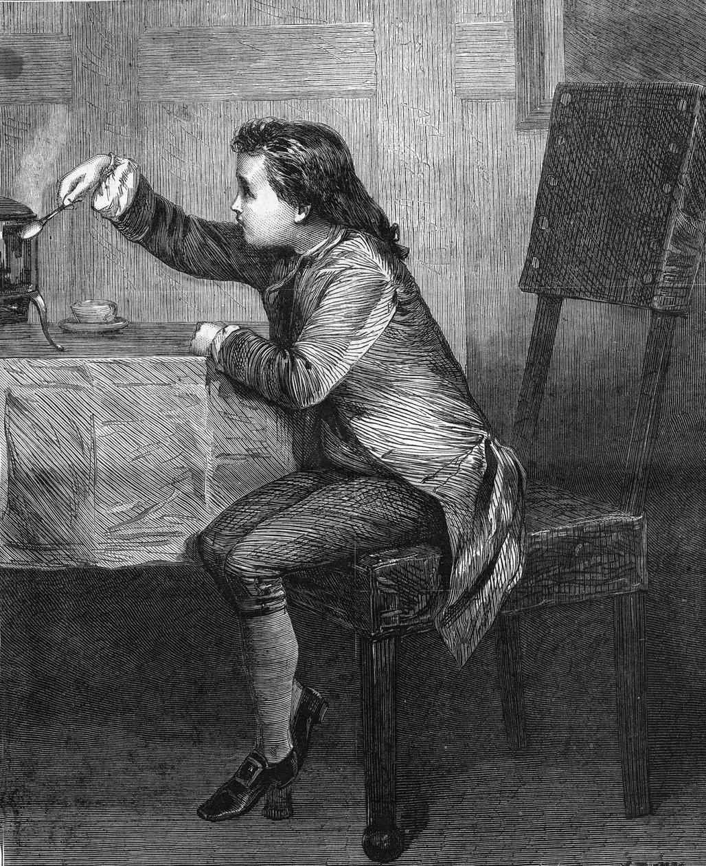 James Watt (1736-1819) niño descubriendo las leyes del vapor. Grabado de 1868 según la pintura de Marcus Stone. de Unknown artist