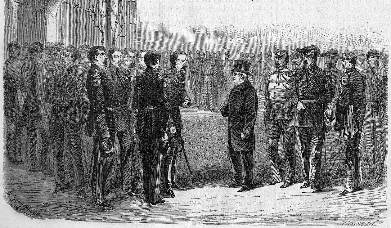 Enero de 1873: Adolphe Thiers (1797-1877), político francés, Presidente de la República acompañado por el Ministro de Guerra y el General Hartung visita la Escuela Politécnica. Grabado de 1873. de Unknown artist