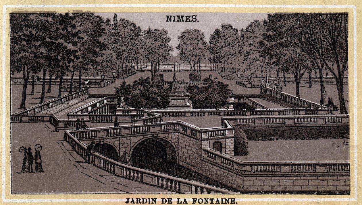 Jardín de la Fontaine en Nimes (Gard, Languedoc-Rosellón). Cromolitografía de finales del siglo XIX de Unknown artist