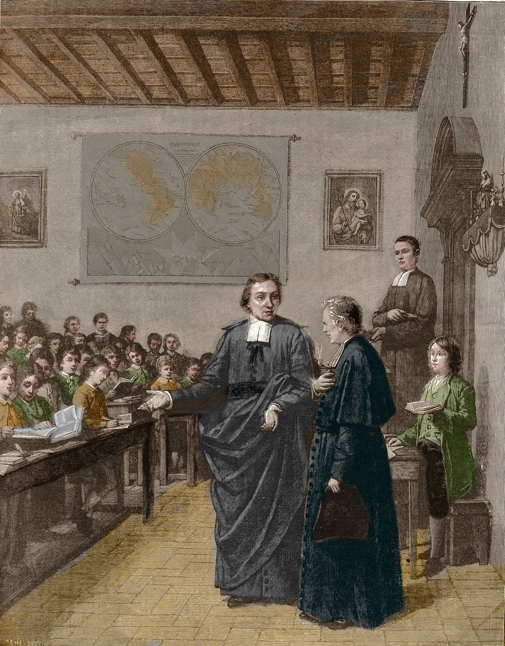 Jean Baptiste De La Salle (Jean-Baptiste) (1651-1719) religioso francés, fundador de la congregación de los Hermanos de las Escuelas Cristianas, mostrando una de sus escuelas a M de La Chetardie. Grabado de finales del siglo XIX. de Unknown artist