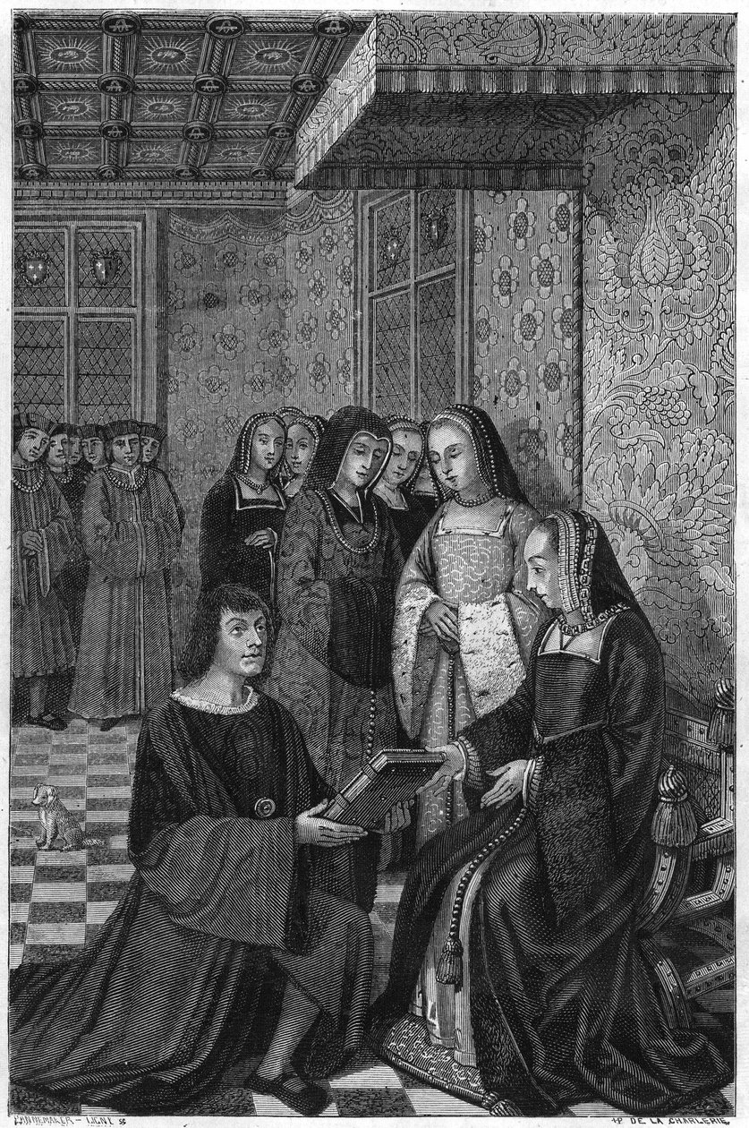 Jean Marot, poeta (1463-1526), ofreciendo un volumen de poesía a la reina Ana de Francia. Grabado del siglo XIX. de Unknown artist