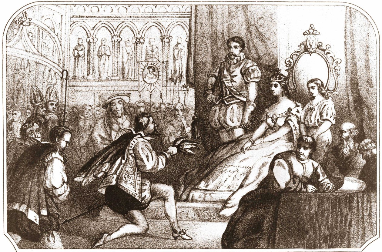 Jean Nicot presentando la planta de tabaco a Catalina de Médicis y al Gran Prior de la Casa de Lorena. Litografía del siglo XVI alrededor de 1868 de Unknown artist