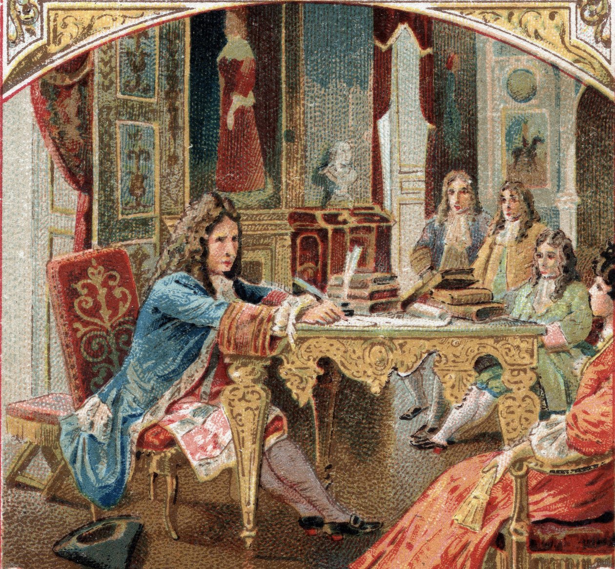 Jean Racine (1639-1699) componiendo “Esther” y “Athalie” en el Castillo de Maintenon. Cromolitografía de finales del siglo XIX de Unknown artist