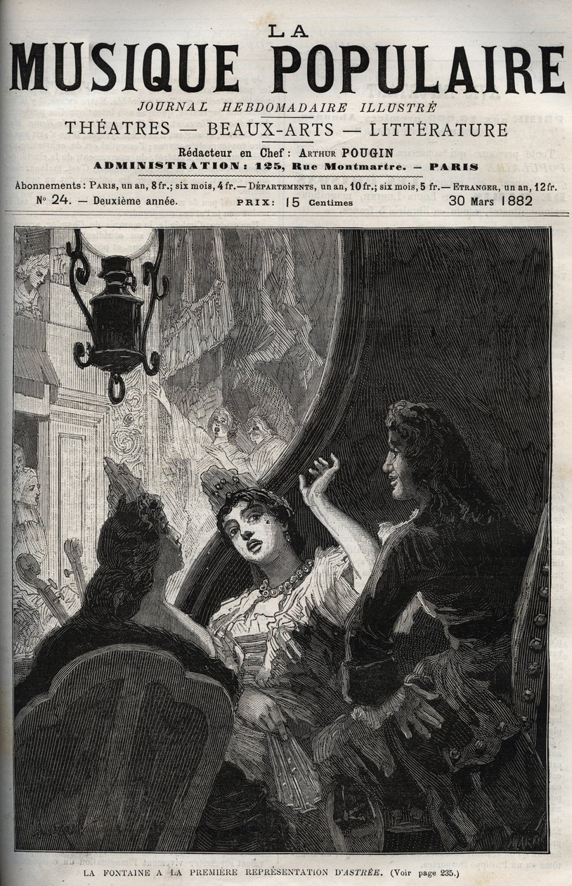 Jean de La Fontaine en la primera representación de la ópera "Astree" de Pascal Collasse (1649-1709) - grabado en "La musique populaire" periódico semanal ilustrado - 1882 de Unknown artist